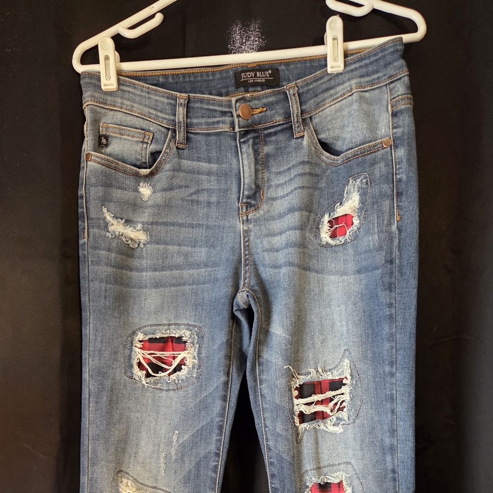 Judy Blue Distressed Blue Jeans with Red Plaid